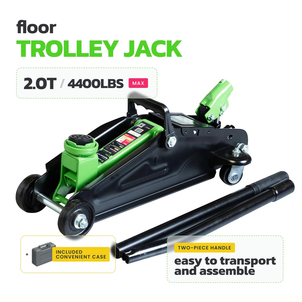 Cric hidráulico de 2 toneladas DRIVEUPTOOLS con maleta de transporte – Altura de elevación 13,5–34 cm – Compacto y robusto para coches y SUV – Herramienta confiable de 2000 kg para garaje y taller