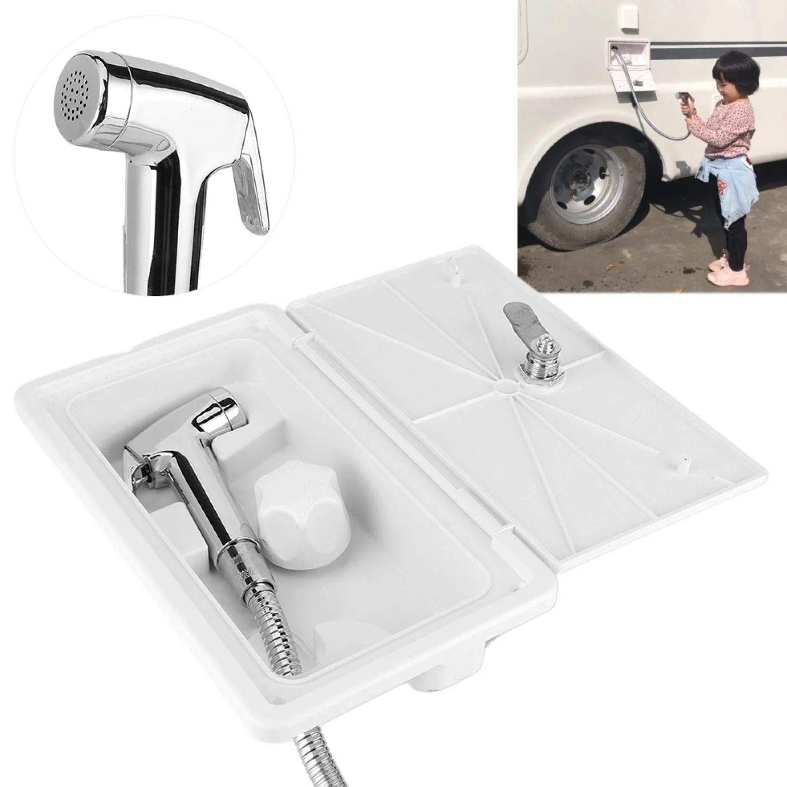 Ducha externa superior para caravana, caja de ducha exterior, interruptor de frío y calor con kit de 2 llaves para caravana, caravana, barco marino
