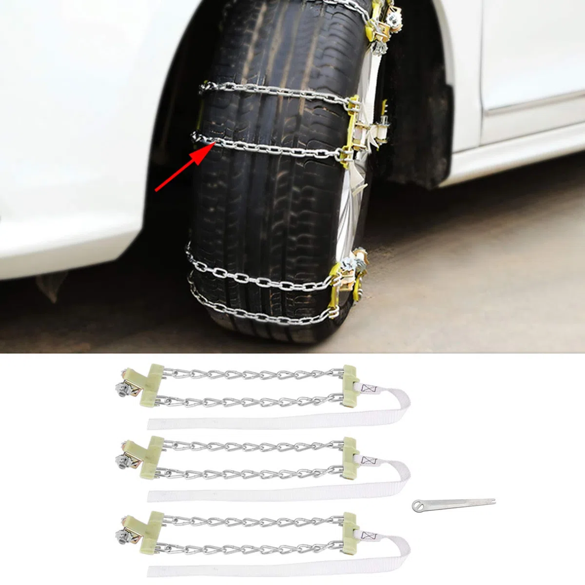 Fydun Cadena Antideslizante de Acero para Neumáticos - 3 Piezas con Clip de Seguridad para Coche, Camión y SUV en Nieve (M)