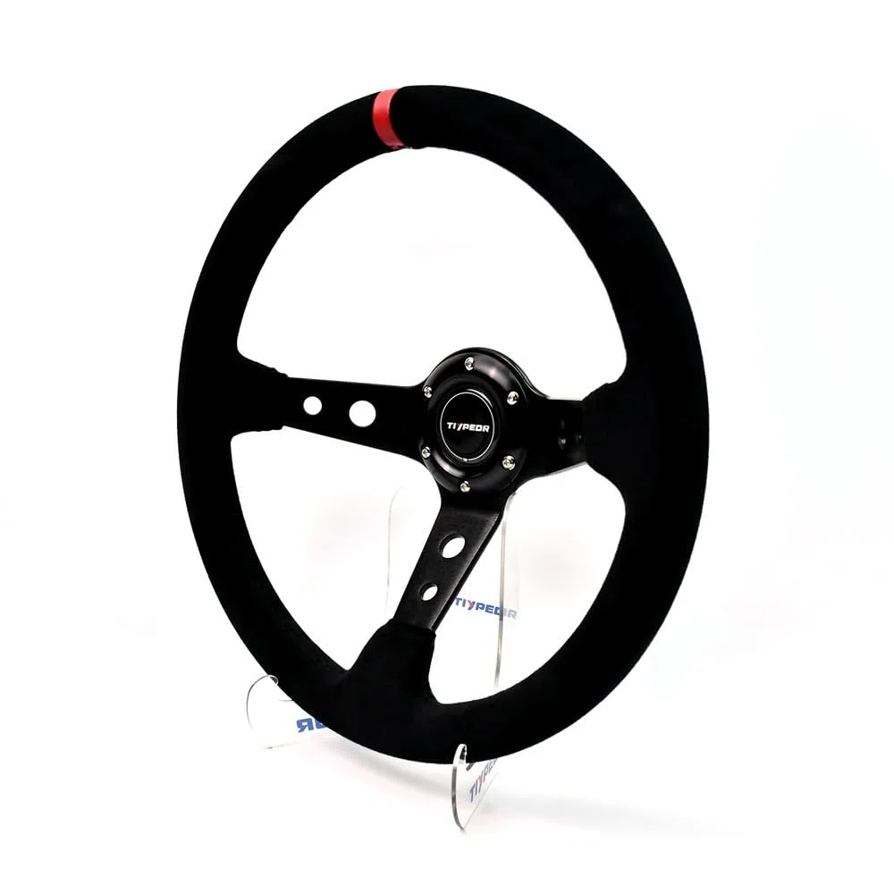 Volante de carreras universal de 350 mm/14 pulgadas, con agarre de 6 tornillos, empuñadura de gamuza, diseño cóncavo profundo (3"), botón de bocina