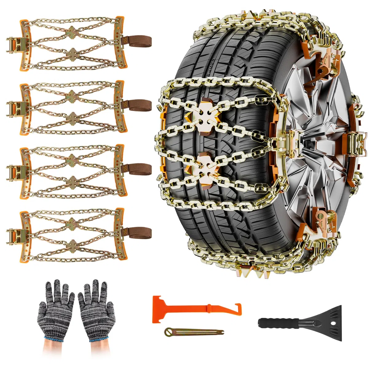 Cadenas de Nieve 4 Piezas Ajustables y Resistentes Con Pala de Nieve de Plástico y Guantes - Para Coches, Camiones, SUV - Ancho 165-265 mm