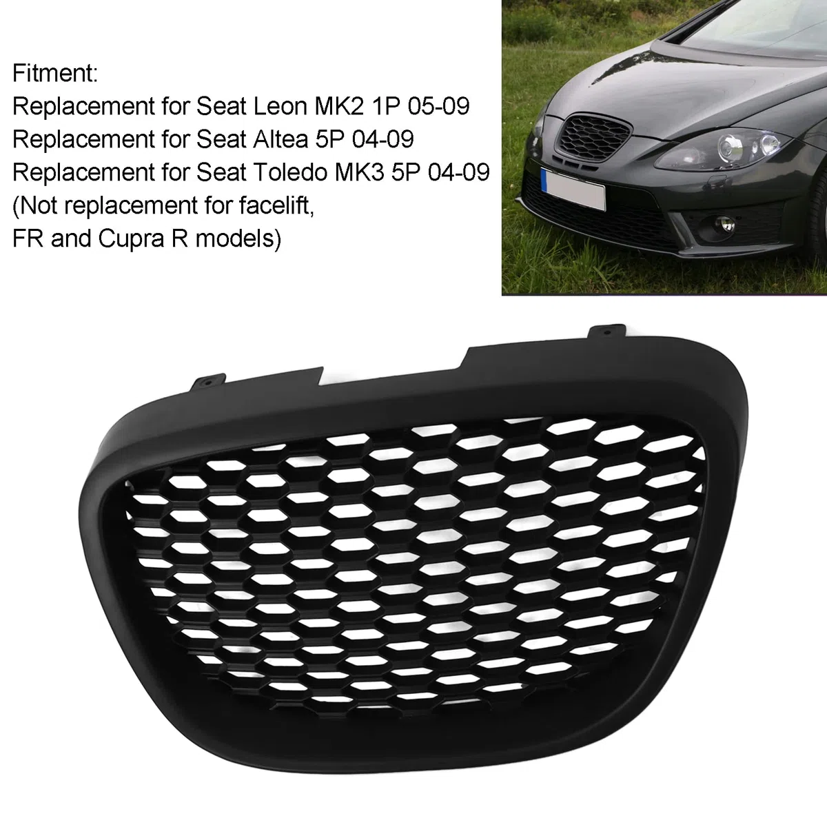 Parrilla delantera de panal negra mate 1133007, repuesto para Seat Altea Toledo, material ABS premium con revestimiento, instalación directa con perno, ajuste perfecto para MK2 1
