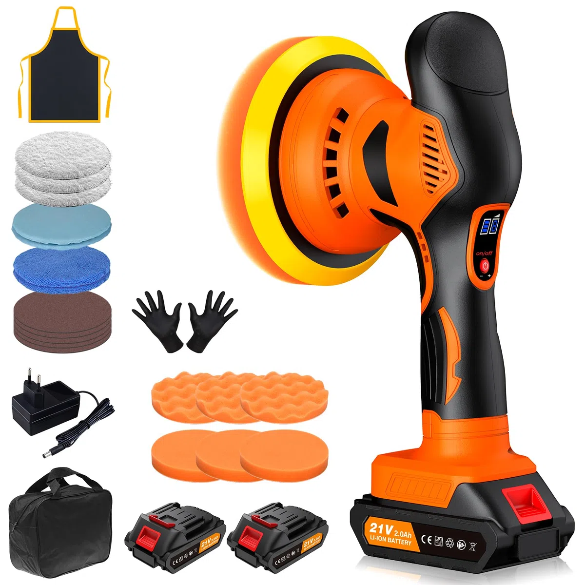 Pulidora Coche Inalambrica, 8 Velocidades Variables,2800–6000 RPM, Pulidora Orbital con 2 Baterías de 21V 2.0 Ah y 21 Piezas Kit Pulido Coche Para el Cuidado de los Detalles del Automóvil