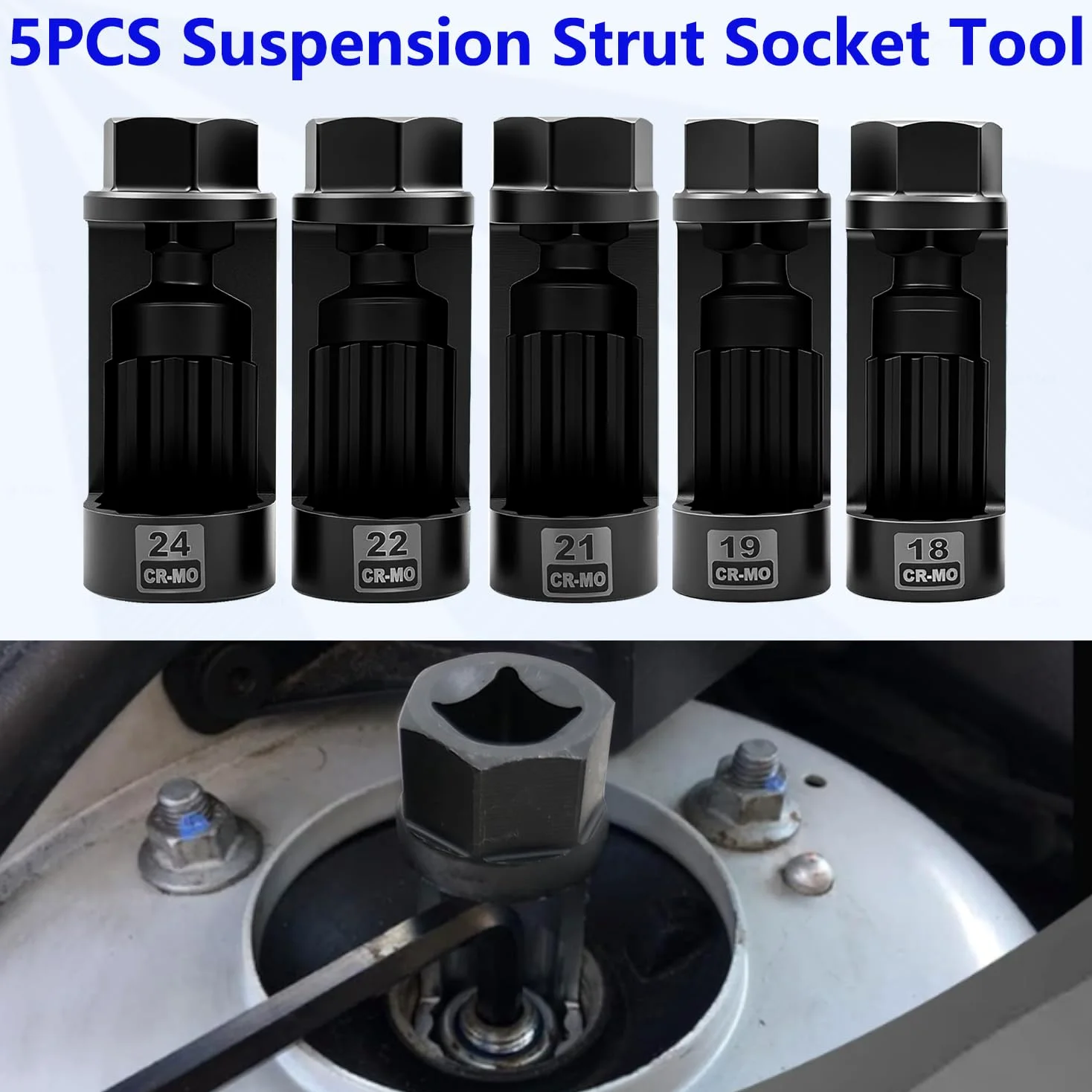 ZKTOOL 5 Piezas Juego de Tuercas de Puntal de Suspensión, 18MM 19MM 21MM 22MM 24MM, Juego de Tuercas de Enchufe de Suspensión, Herramienta de Extracción de Tuerca de Pistón de Amortiguador