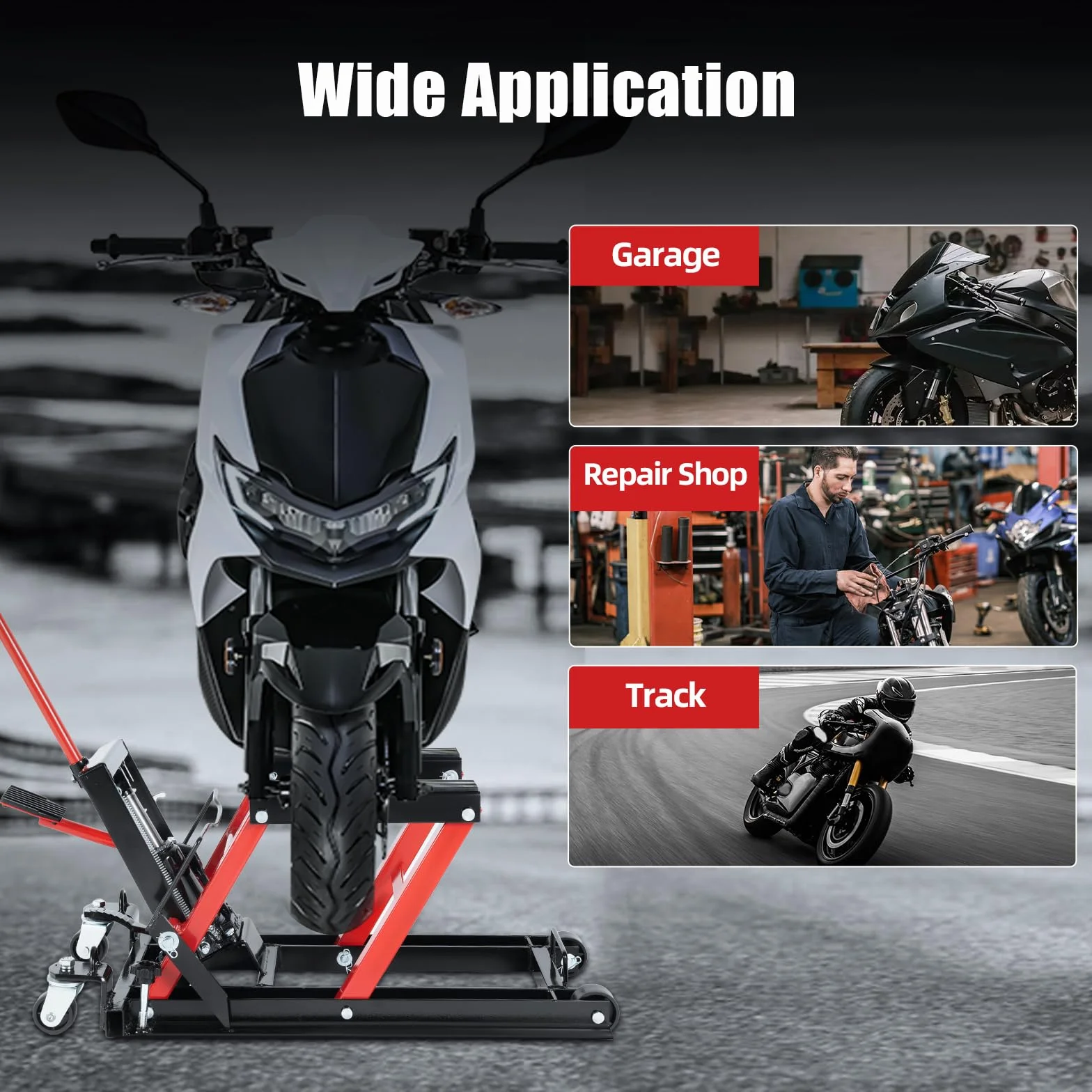 Elevador de motocicleta hidráulico de 680 kg, plataforma elevadora de motocicleta de 115 a 365 mm, con 3 pasadores de seguridad, almohadilla de goma antideslizante, 4 ruedas, plataforma