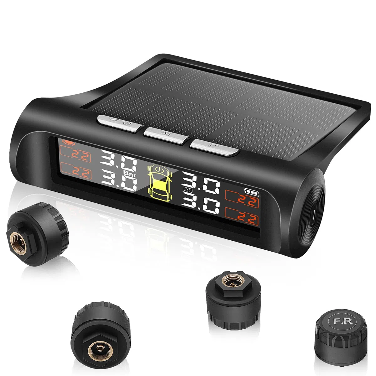 Geloo Solar TPMS Sistema de Monitoreo Control de Presión de Neumáticos con 4 Sensores,5 Modos de Alarma,5 Bar para Caravana Sedán SUV Coche