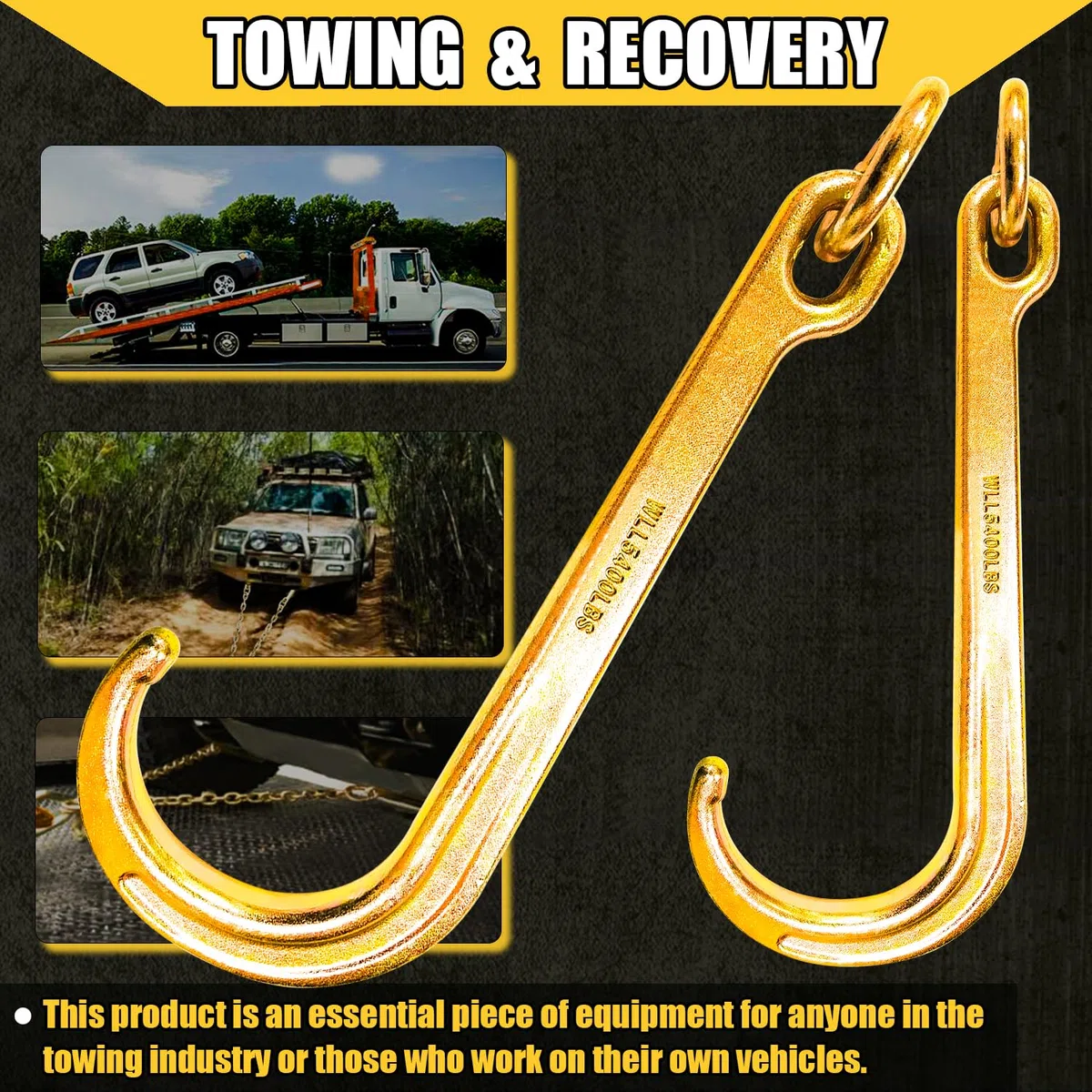 TOYO-INTL - 2 ganchos de remolque en J de 15 pulgadas con enlace, correa de eje de remolque G70 resistente, horquilla trasera enrollable, gancho de remolque J en enlace de acoplamiento para tractor,