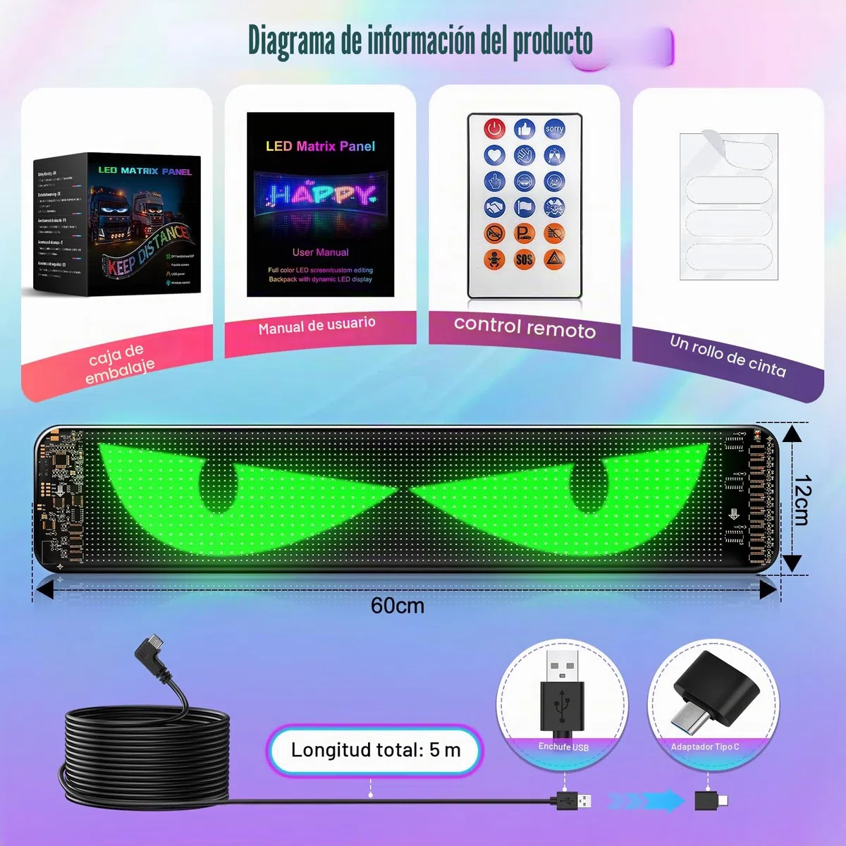 Ojos LED para Camión y Coche, Luces Devil Eyes para Auto, Pantalla LED Flexible y Programable, Letrero Deslizante Personalizable para Publicidad y Señalización (1ud 60x12cm)