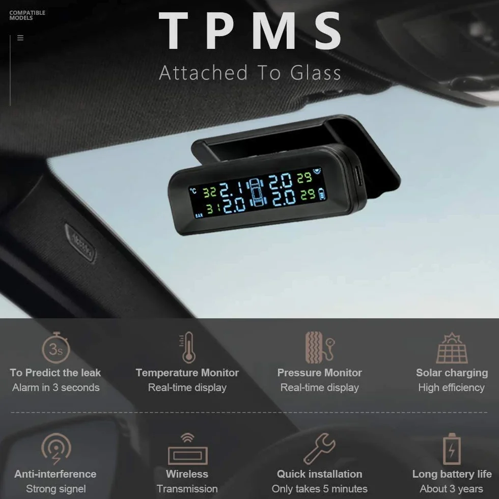 Jansite TPMS Sistema de monitoreo de presión de neumáticos solar 22-87Psi montaje en parabrisas con 4 sensores externos para coche en tiempo real sistema de alarma automática inalámbrica