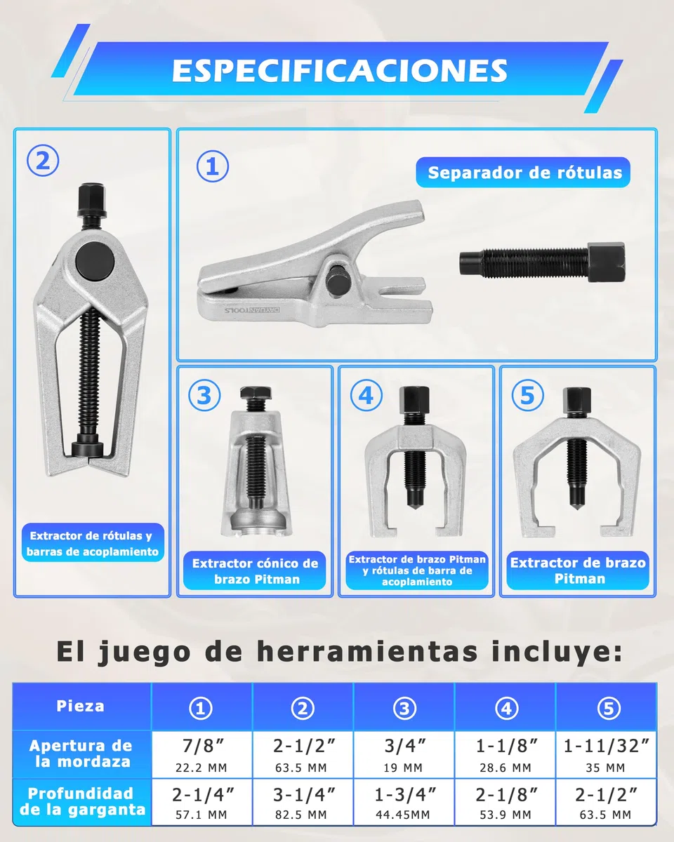 DAYUAN Juego de herramientas para auto que incluye extractor de rótulas, articulación esférica, extractor de cabeza de barra de acoplamiento, 5 piezas