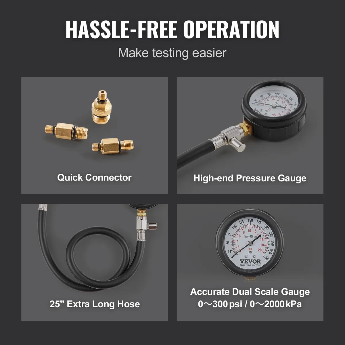 VEVOR Comprobador de Compresión con 9 Kits de Adaptadores Compresiómetro para Motor de Gasolina Medidor de Compresión 0-300 psi Herramienta de Diagnóstico del Cilindro del Motor para Coche Motocicleta