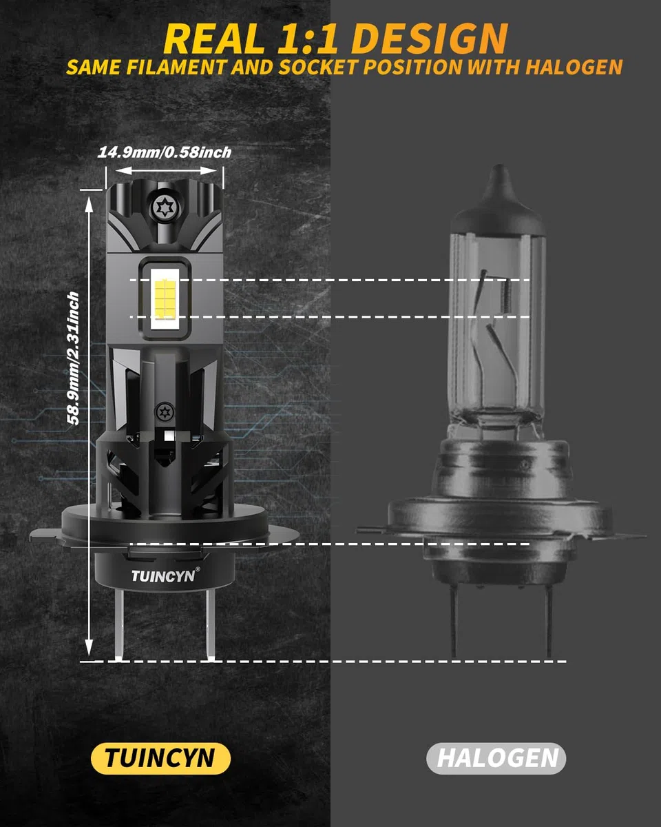 TUINCYN H7 LED Bombilla Coche y Moto, 80W 16000LM 6000K Blanco 600% Brillo 12V 1:1 Mini LED H7 Faro A Prueba De Fallos, Repuesto Para Lámparas Halógenas y De Xenón, Paquete De 2