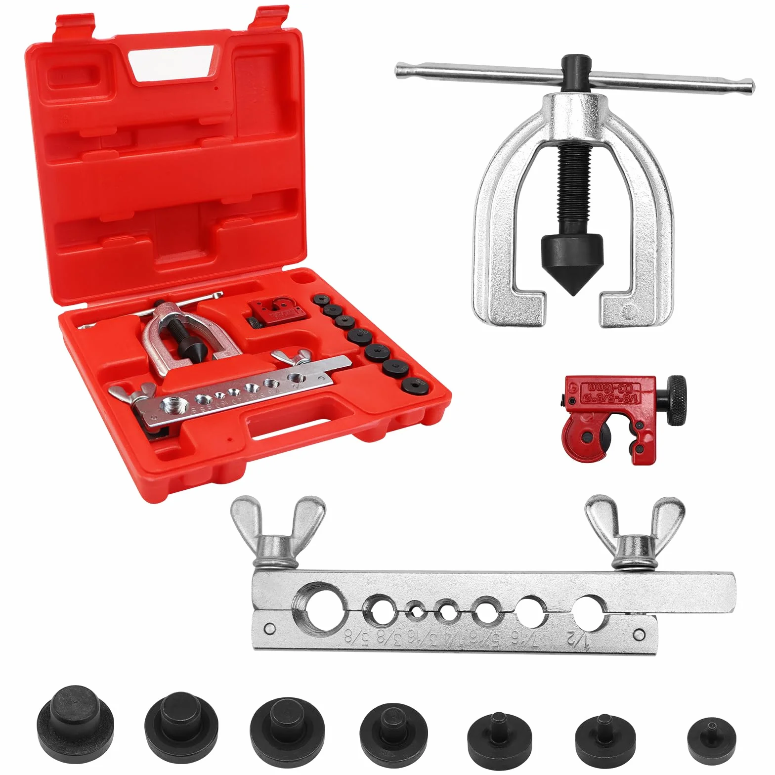 KXVXXV abocardador Aire Acondicionado abocardador Tubo Cobre con Cortador de tuberías, 3/16", 1/4", 5/16", 3/8", 7/16", 1/2", 5/8", para línea de Freno Doble y Sencilla