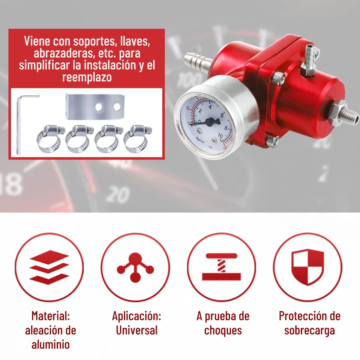 CarBole Regulador de presión de combustible para coche, 1-140 psi, regulador de presión de gasolina, aleación de aluminio con manómetro y manguera