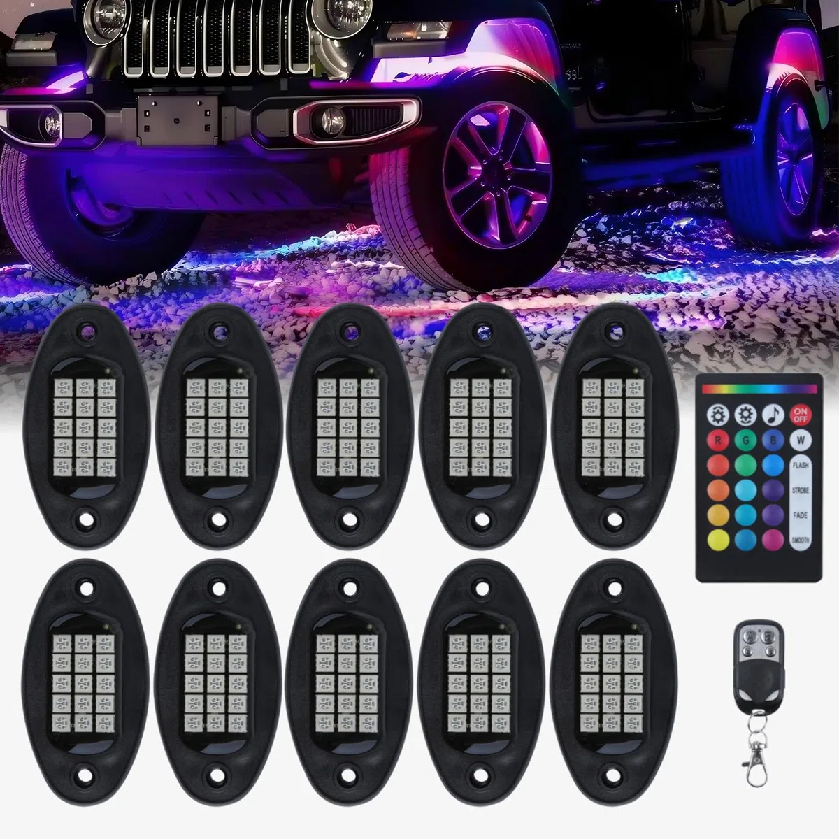 10 Pods RGB LED Rock Light, 60 LED de Alto Brillo Kit de neón a Prueba de Agua de la luz del Coche con Control de App/RF luz de la Roca de 16 Millones de Colores para SUV vehículos Todo Terreno