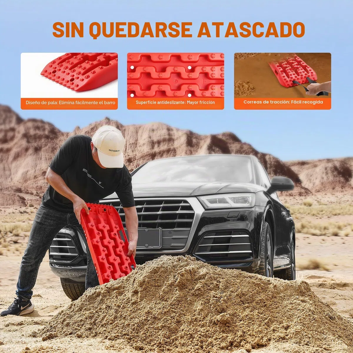 VEVOR Placa de Aterrizaje de PP 10 T Estera de Tracción para Todoterreno/Coche/Pick-up/SUV/RV Tabla de Recuperación de Arena y Lodo de Nieve Bolsa de Almacenamiento, Corta, Roja, 2 Piezas