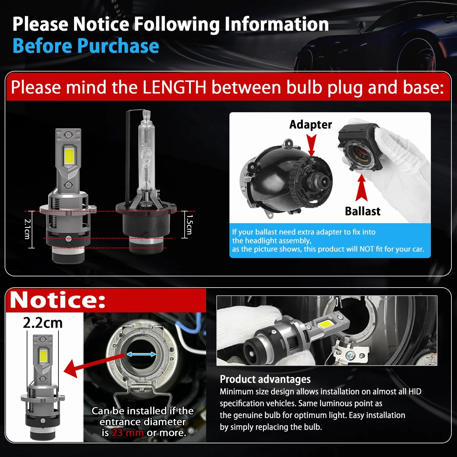 WinPower D2S LED Bombilla Faros 35W 6340LM 6000K Blanco Frío Luz Carretera Cruce Xenon HID Kit de conversión, 2 Piezas